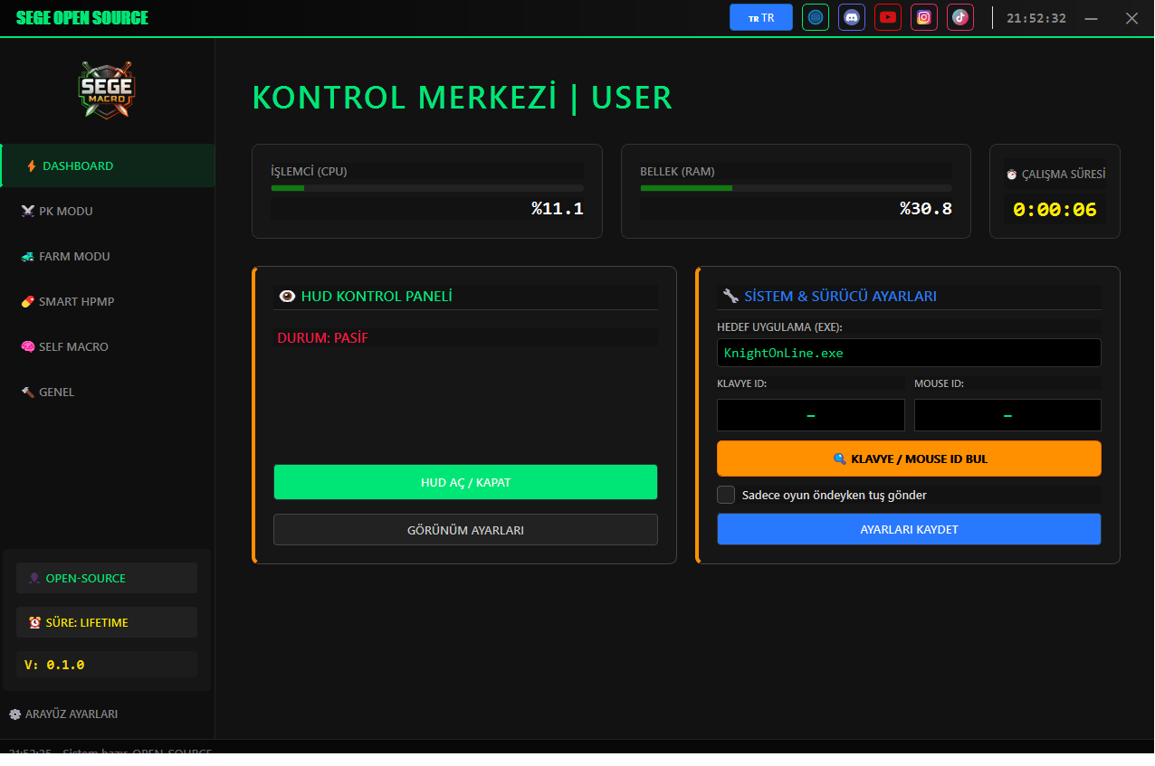 Animated demo of SEGE Macro, a free Knight Online macro tool, showing the GUI and hotkey-driven automation